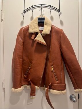 Rebecca Minkoff Cognac Shearling-Trim Moto Leather Jacket small new